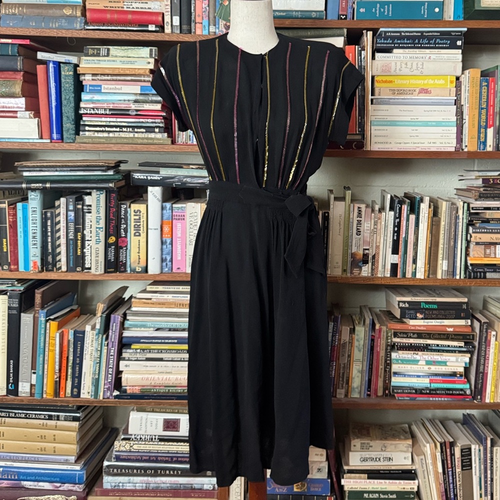 VTG 40s Black Rayon Crepe Dress with Pink and Yellow Sequins